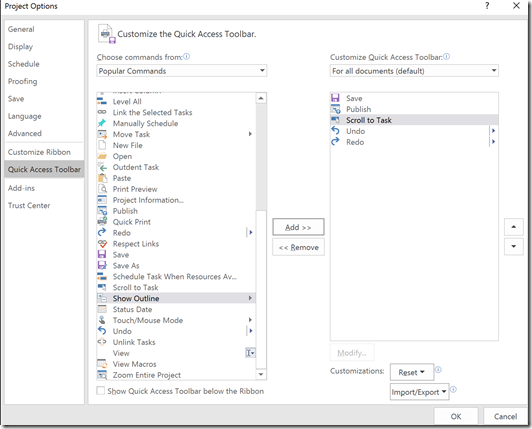 project options for the quick access toolbar customization