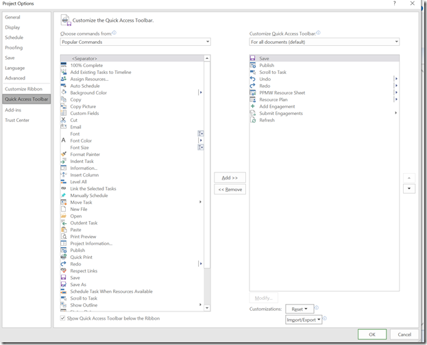 project options for quick access toolbar