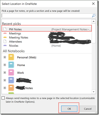select location in OneNote for meeting notes