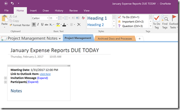 new OneNote page created for meeting notes