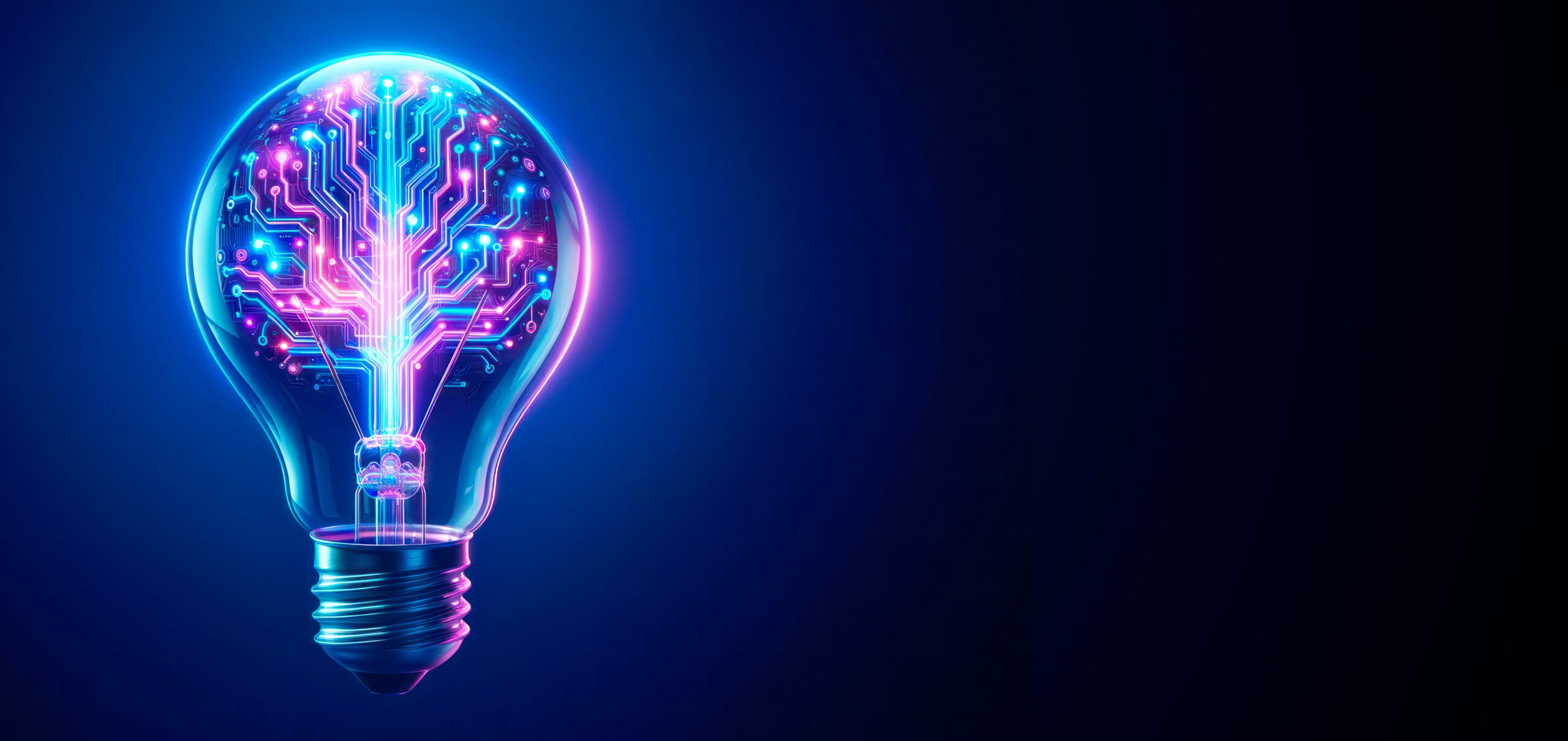 Glowing light bulb with circuit board inside on dark blue background, mockup. Innovation concept. Generative AI